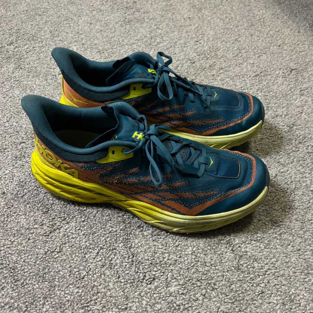 Hoka Running Shoes Mens 13 Blue Orange Yellow Vibram Sole Speedgoat 5 Trail